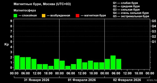 Изменения геомагнитного индекса Kp с 31 января по 2 февраля 2026 года для средних широт