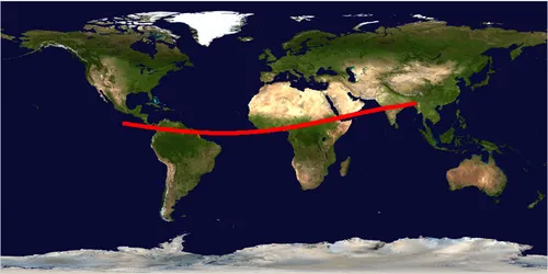 Предположительный коридор падения астероида 2024 YR4 в 2032 году