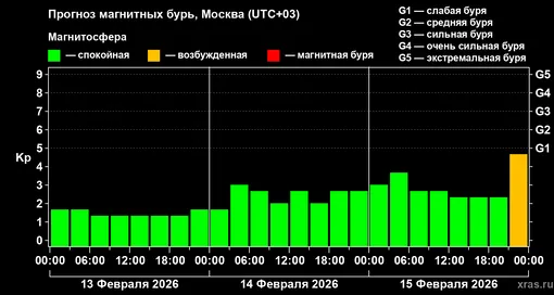 Прогноз геомагнитного индекса Kp с 13 февраля по 15 февраля 2026 года для средних широт