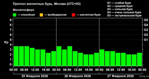 Прогноз геомагнитного индекса Kp с 25 февраля по 27 февраля 2026 года для средних широт