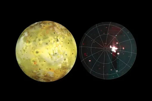 Спутник Ио, как его увидел космический аппарат NASA «Галилео» 3 июля 1999 года (слева), массивная вулканическая горячая точка, наблюдавшаяся аппаратом «Юнона» в 2024 году (справа)
