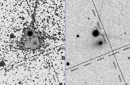 Изображение 3I/ATLAS от 21 декабря 2025 (слева — контурный график). Струя справа — это антихвост, направленный к Солнцу. Изображение 3I/ATLAS от 21 декабря 2025 (слева — контурный график). Струя справа — это антихвост, направленный к Солнцу.