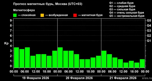 Прогноз геомагнитного индекса Kp с 19 февраля по 21 февраля 2026 года