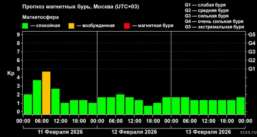 Прогноз геомагнитного индекса Kp с 11 февраля по 13 февраля 2026 года для средних широт