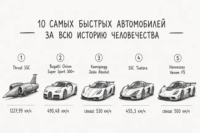 10 самых быстрых автомобилей за всю историю человечества в одной инфографике