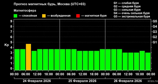 Прогноз геомагнитного индекса Kp с 24 февраля по 26 февраля 2026 года для средних широт