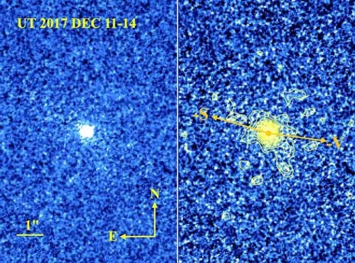 Композитное изображение кометы 41P/Tuttle-Giacobini-Kresák с суммарным временем экспозиции 3840 секунд (слева), то же изображение с контурной обработкой, подчёркивающей околоядерную кому (справа) Композитное изображение кометы 41P/Tuttle-Giacobini-Kresák с суммарным временем экспозиции 3840 секунд (слева), то же изображение с контурной обработкой, подчёркивающей околоядерную кому (справа)