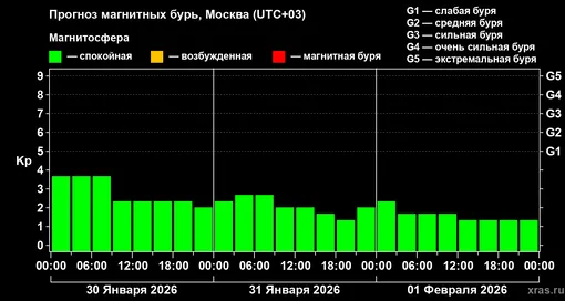 Прогноз геомагнитного индекса Kp с 30 января по 01 февраля для средних широт