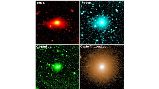 Изображения, сделанные в декабре 2025 года с помощью инфракрасного телескопа NASA SPHEREx, показывают инфракрасное излучение, испускаемое пылью, водой, органическими молекулами и углекислым газом, которые содержатся в коме кометы 3I/ATLAS