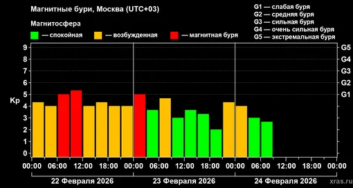 Изменения геомагнитного индекса Kp с 22 по 24 февраля 2026 года для средних широт
