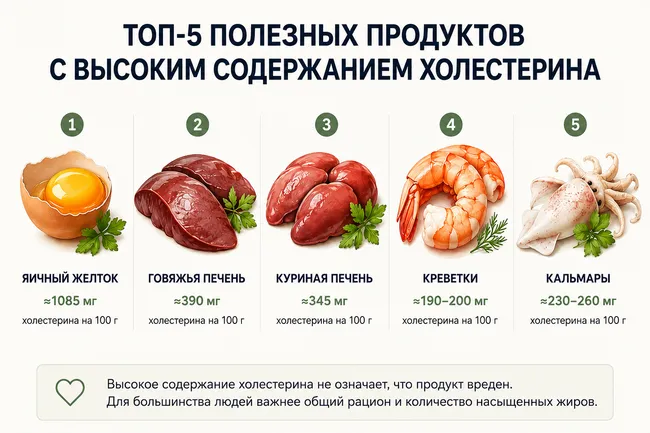 Топ-10 полезных продуктов, в которых много холестерина: инфографика