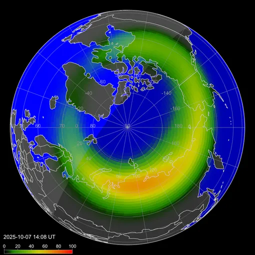 Расчетная зона полярных сияний по состоянию на 17:08 по московскому времени 7 октября 2025 года Расчетная зона полярных сияний по состоянию на 17:08 по московскому времени 7 октября 2025 года