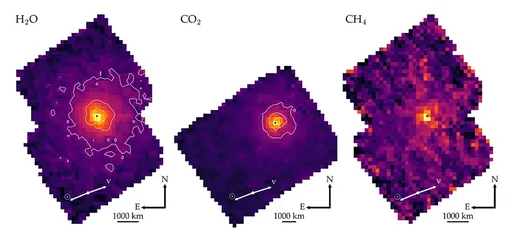 Изображения H2O, CO2 и CH4, полученные с помощью телескопа Webb, в газовом шлейфе вокруг спутника 3I/ATLAS. Направления скорости, обращенные к Солнцу и к цели, обозначены белыми стрелками. Для H2O и CO2 белые контуры соответствуют уровням излучения 75%, 50% и 25% относительно максимального значения.