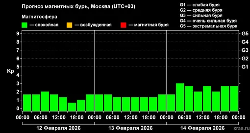 Прогноз геомагнитного индекса Kp с 12 февраля по 14 февраля 2026 года для средних широт