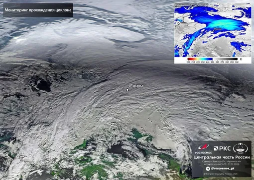 Вид из космоса на снежный циклон «Фрэнсис», который 9 января накроет Москву и центральную часть России