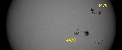 Группы пятен 4478 и 4479 на Солнце 2 июля 2026 года Группы пятен 4478 и 4479 на Солнце 2 июля 2026 года