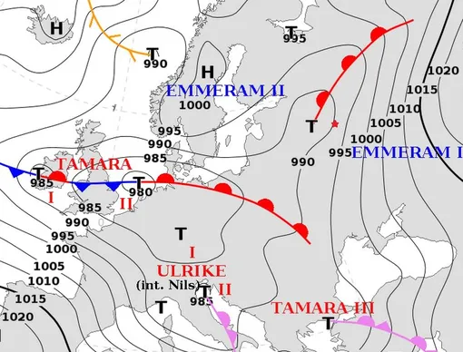 Карта движения циклонов в Европе