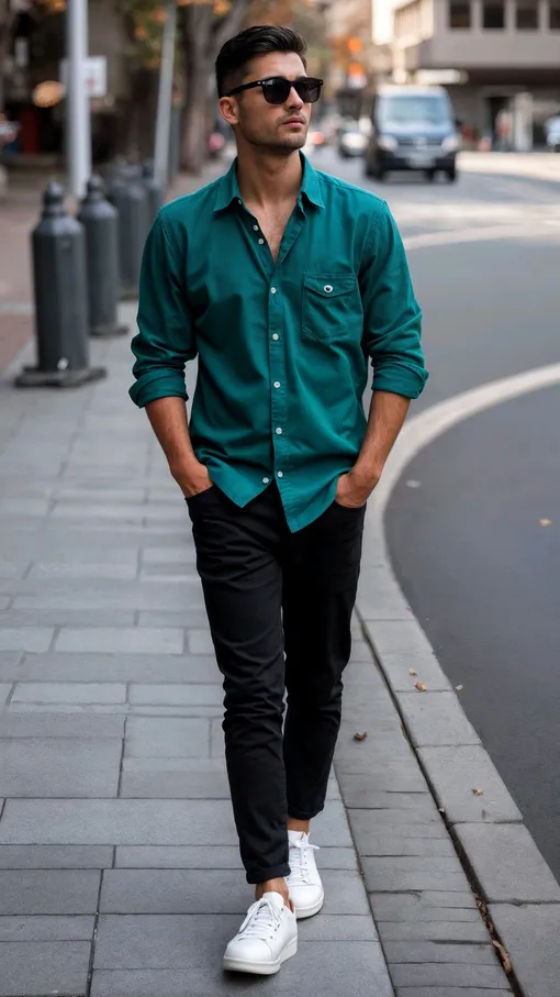 Черные джинсы и цветная рубашка